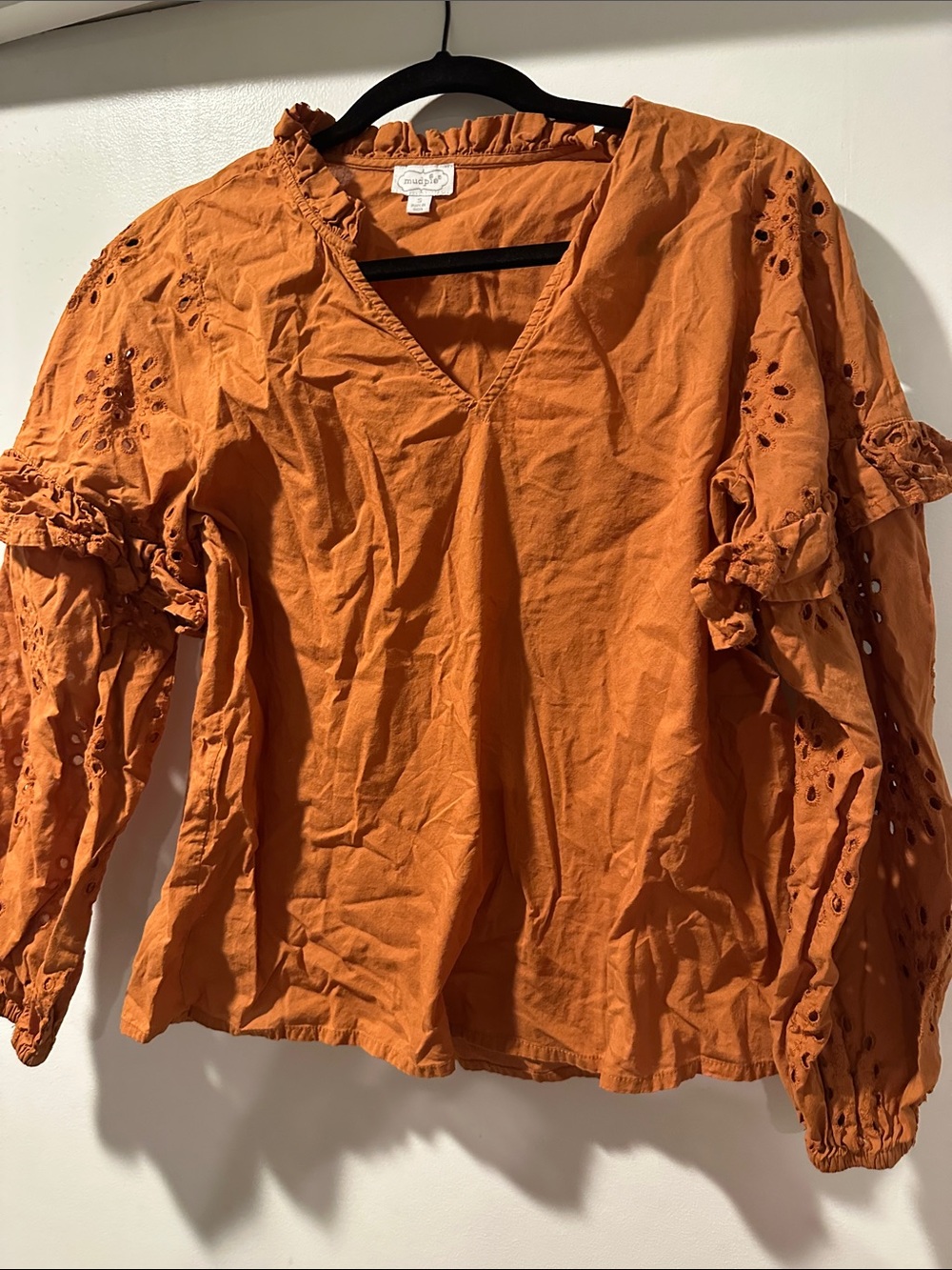 Mud Pie Rust Orange Eyelet Ruffle V-Neck Blouse